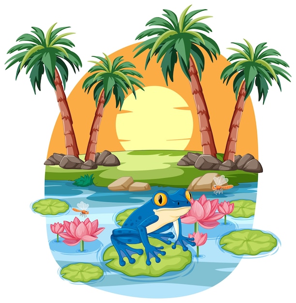 Free vector tropical frog on lily pad at sunset