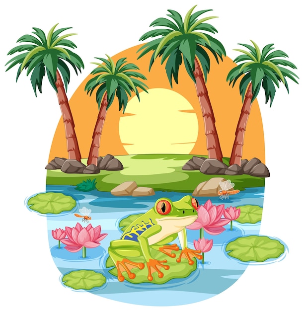 Free vector tropical frog on lily pad at sunset