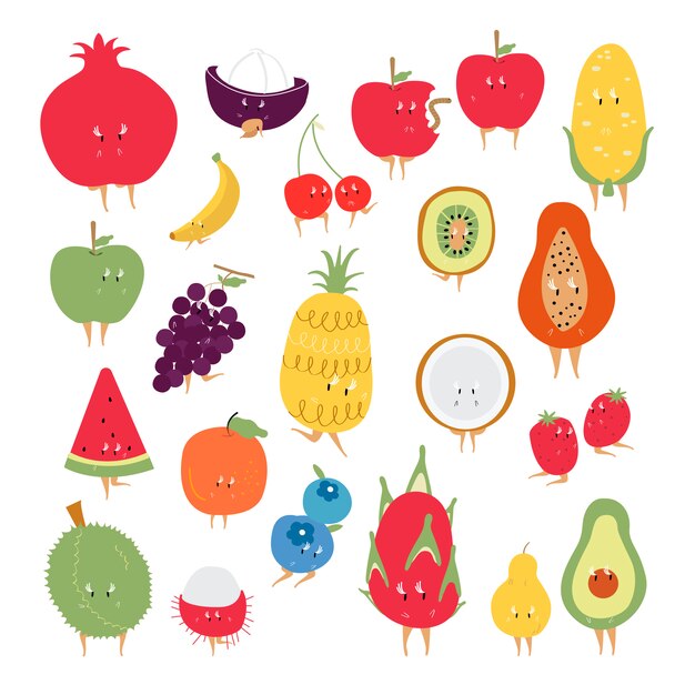 Tropical fruit cartoon characters vector set