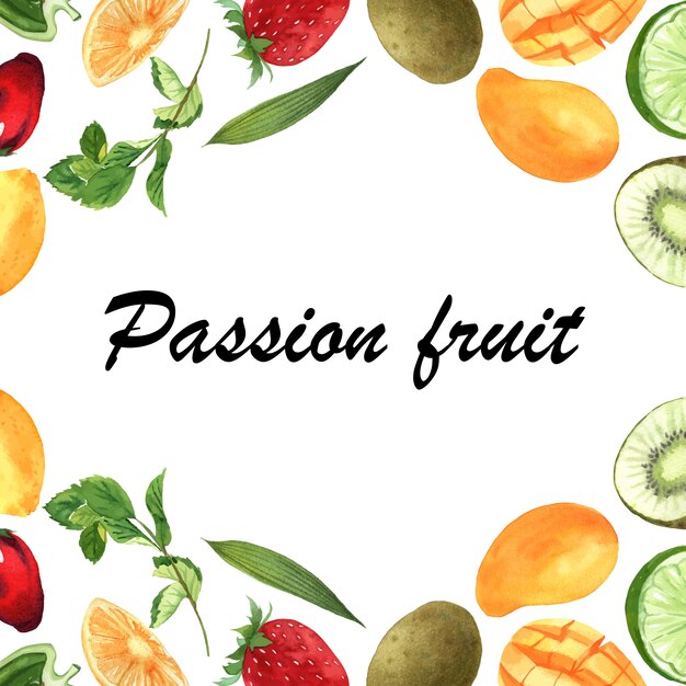 텍스트, 키위, 파인애플, 과일 패턴으로 passionfruit와 열 대 과일 프레임 배너