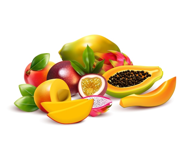 Tropical fruits composition with pitaya mango dragon fruit cut up and ripe with leaves in a bunch 