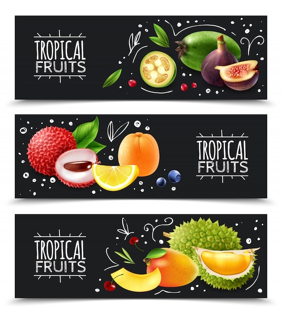 Бесплатное векторное изображение Горизонтальные баннеры с тропическими фруктами