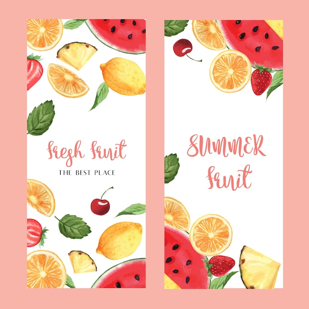 Tropical fruits menu design, passionfruit summer watermelon mango, strawberry, orange