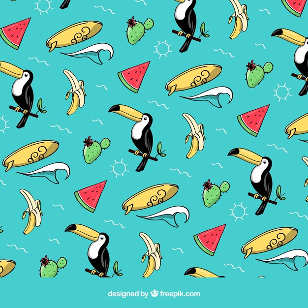 Tropical fruits pattern with toucans