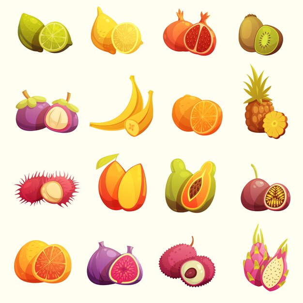 Tropical Fruits Retro Cartoon Icons Set