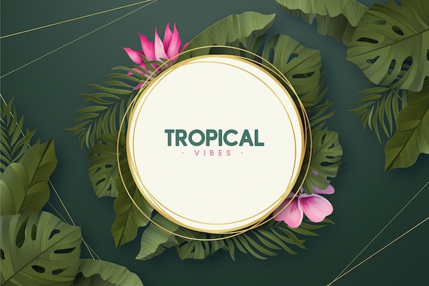 Free vector tropical golden frame with realistic summer leaves