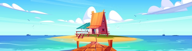 無料ベクター 桟橋の風景とビーチ島の熱帯小屋
