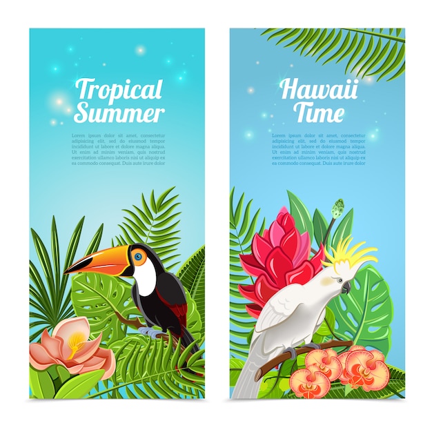 Set di banner verticale di uccelli tropicali dell'isola