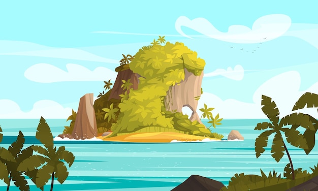 Free vector tropical island cartoon concept with stone land covered with forest vector illustration