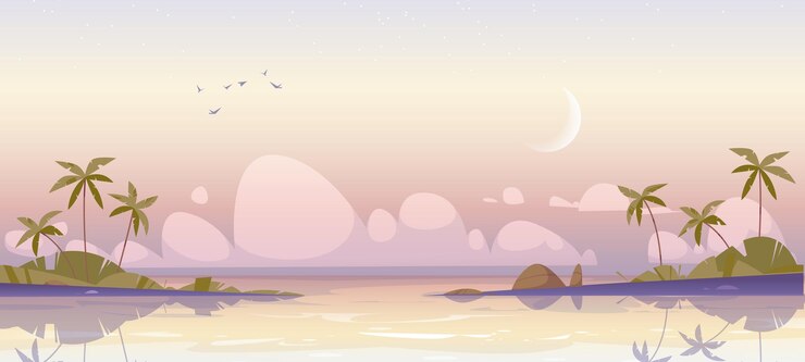 Free Vector tropical island at early morning, sea and palms