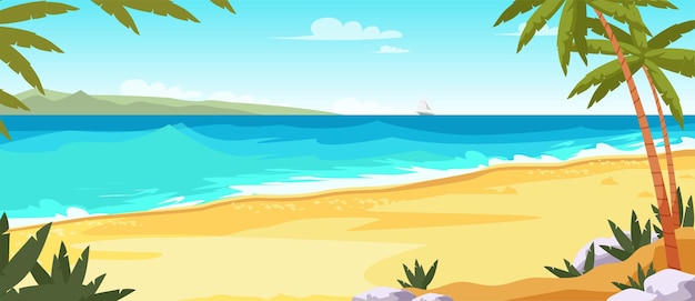 Иллюстрация тропического острова с пальмами побережья неба и парусной лодкой в море