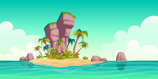 Tropical island in ocean with palm trees and rock