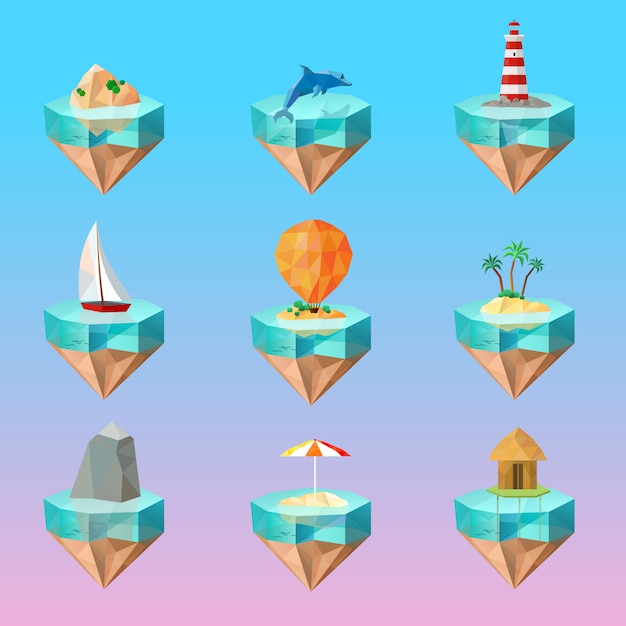 Tropical island symbols polygonal icons set