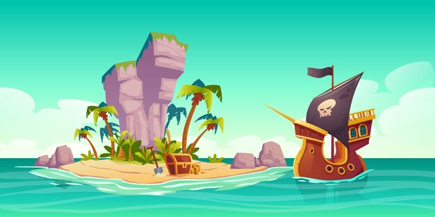 Тропический остров, сундук с сокровищами и пиратский корабль