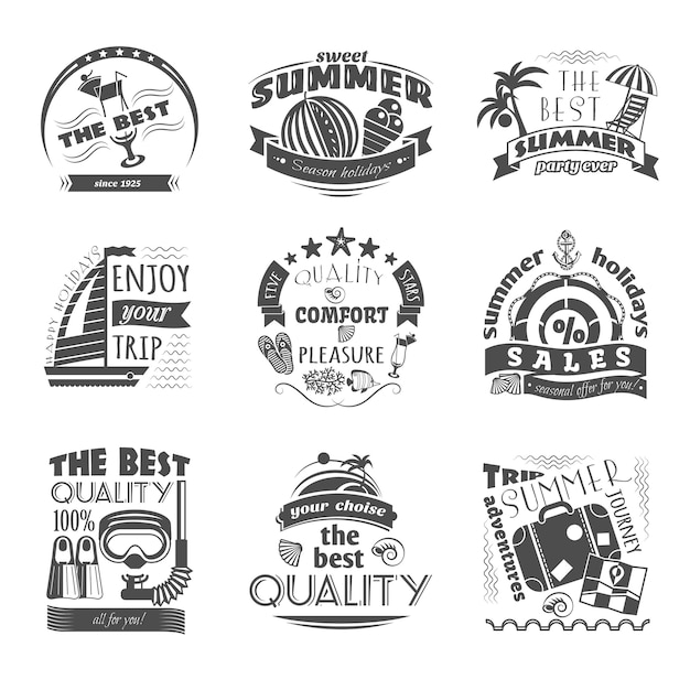 Tropical island vacation journey travel agency black labels set for best summer holiday 