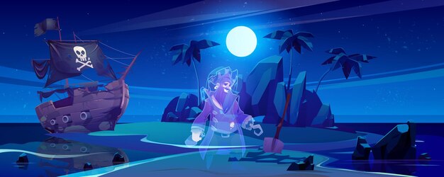 Тропический остров с призраком пирата и разбитым кораблем ночью