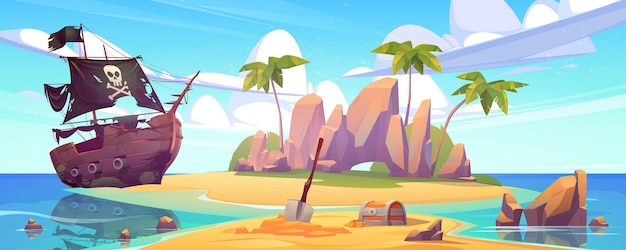 Tropical island with treasure chest and broken pirate ship cartoon sea landscape with sail boat after shipwreck with skull on black sails palm trees and gold coins on uninhabited island