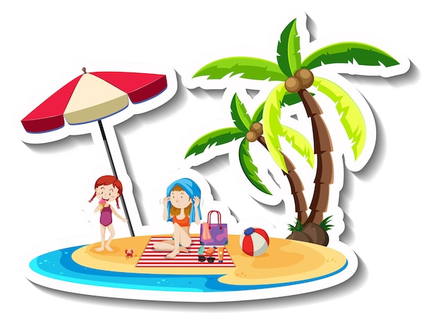 Free vector tropical island with two people and coconut tree