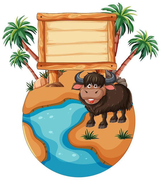 Tropical island with wooden sign and yak