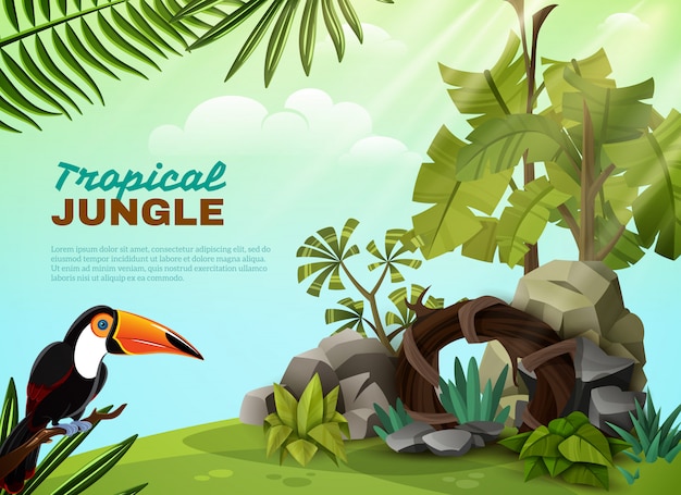 Бесплатное векторное изображение Тропические джунгли тукан сад композиция poter