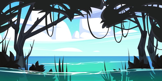 Free vector tropical landscape of jungle on sea beach vector cartoon illustration of summer exotic island with ocean shore and silhouettes of rainforest trees and grass in water