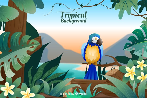 Tropical landscape with parrot background