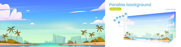 Tropical landscape with sea bay palm trees on beach and mountains on horizon vector parallax backgro...