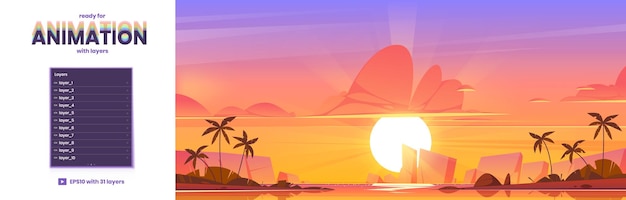 Paesaggio tropicale con mare e palme sulla spiaggia di sabbia al tramonto sfondo di parallasse vettoriale pronto per l'animazione 2d con scena estiva dei cartoni animati con montagne lagunari e sole all'orizzonte la sera