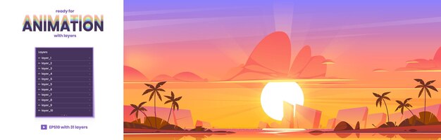 해질녘 모래 해변에 바다와 야자수가 있는 열대 풍경 벡터 시차 배경은 저녁에 수평선에 석호 산과 태양이 있는 만화 여름 장면과 함께 2d 애니메이션을 위해 준비되었습니다.