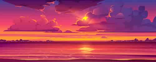Бесплатное векторное изображение Тропический пейзаж с закатом и океаном
