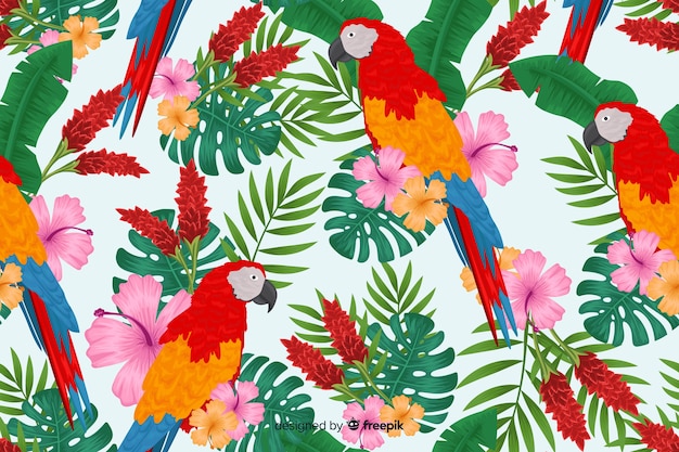 Tropical leaves and exotic birds background