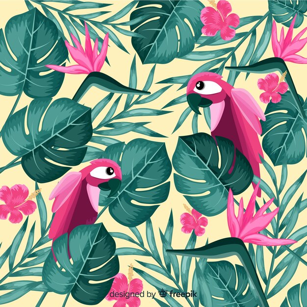 Tropical leaves and exotic birds background