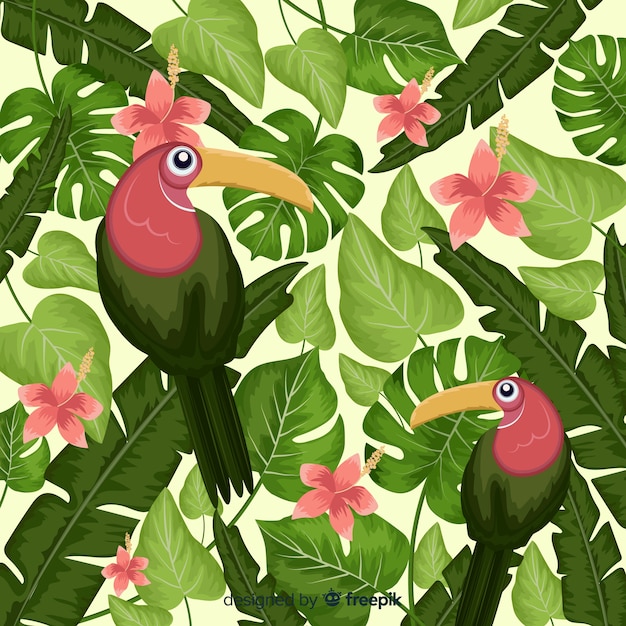 Tropical leaves and exotic birds background