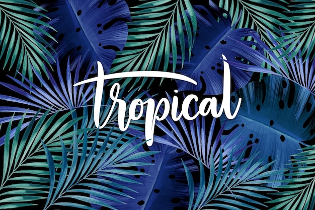 Тропические листья надписи в голубых тонах