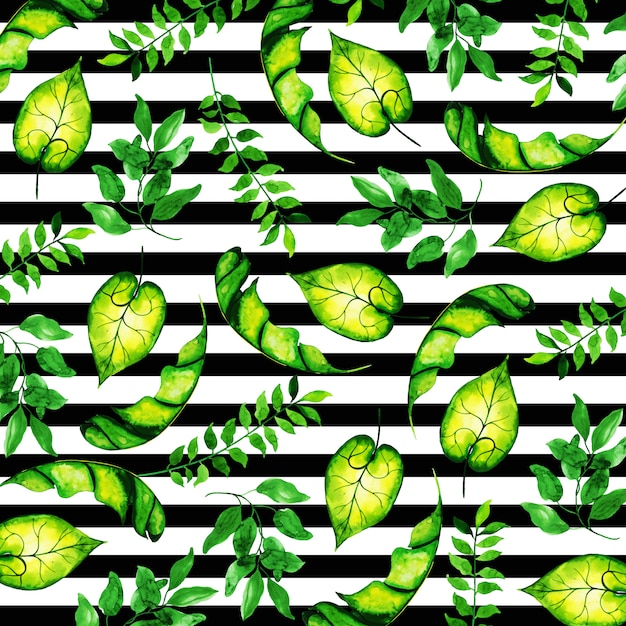 Tropical Leaves Pattern in Watercolor Style with Stripes