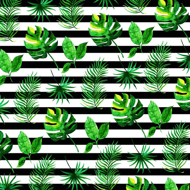 Tropical Leaves Pattern in Watercolor Style with Stripes