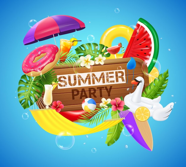 Free vector tropical leisure composition with inflatable swimming objects yellow hammock flowers and cocktails blue  realistic