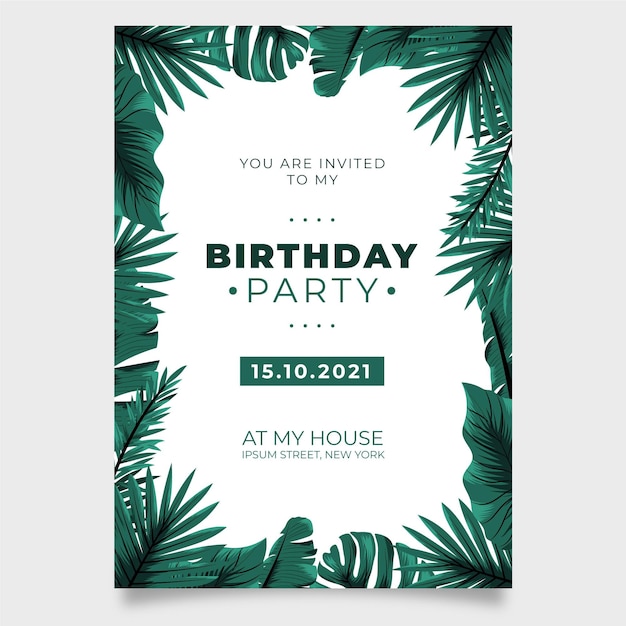 無料ベクター エキゾチックな葉を持つ熱帯の自然の誕生日パーティーの招待状