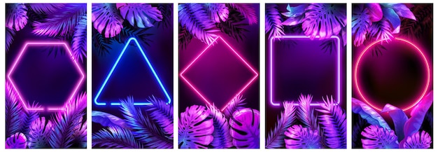 Tropical neon frames. bright glowing leaves, cyber floral frame and leafs in neon lights background set.