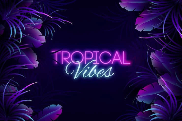  Tropical neon lettering with leaves background Premium Vector