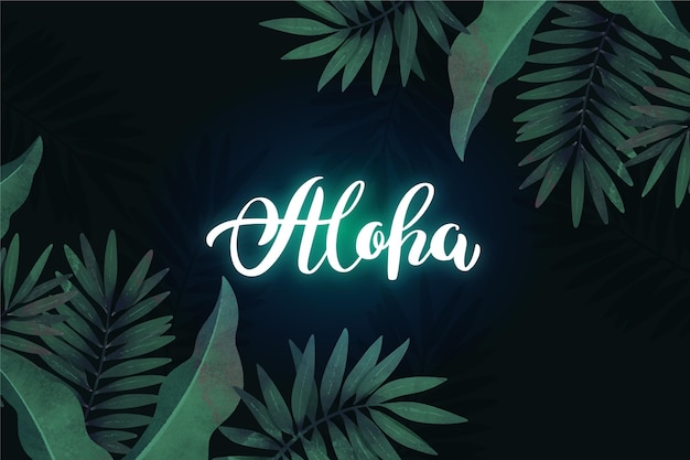 Tropical neon lettering with leaves design