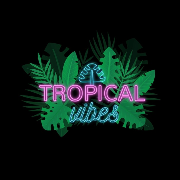 Tropical neon lettering with leaves or flowers