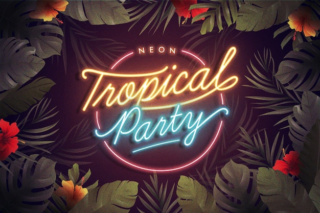 Tropical Neon Lettering With Leaves And Flowers