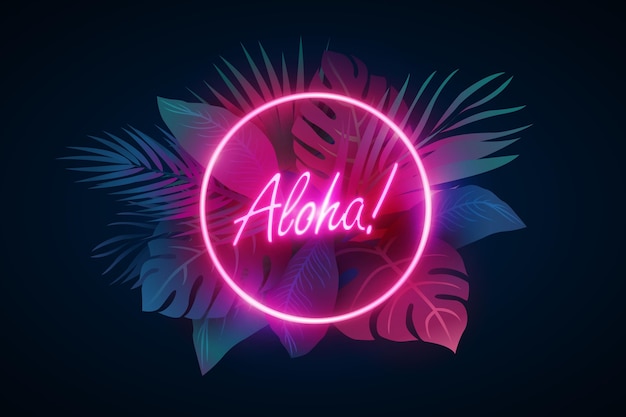 Vettore gratuito lettering neon tropicale con foglie o fiori