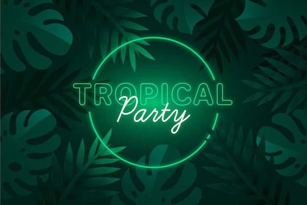 Tropical neon lettering with leaves and party