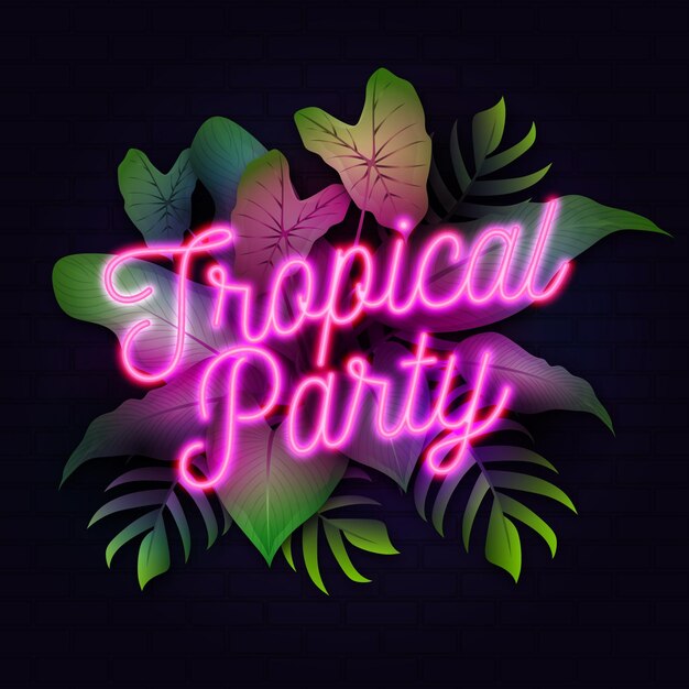 Tropical neon lettering with leaves