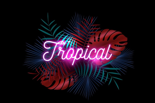 Vettore gratuito lettering neon tropicale con foglie