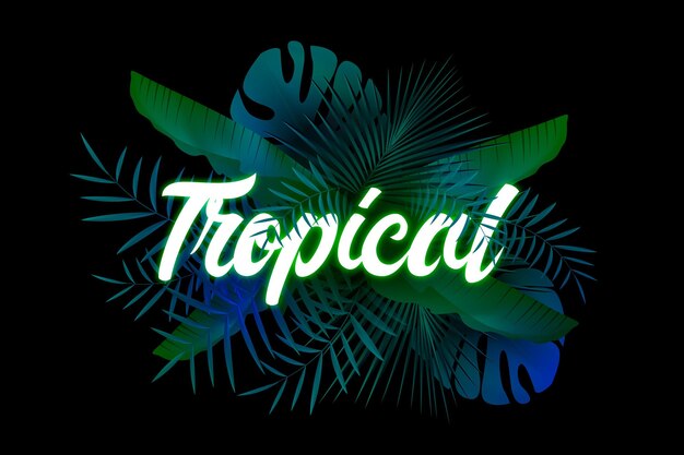 Tropical neon lettering with leaves