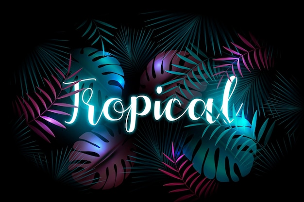 Tropical neon lettering with leaves