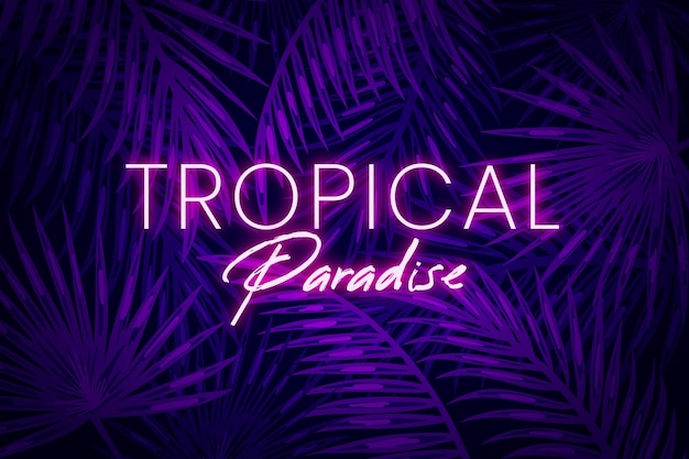 Tropical neon lettering with leaves